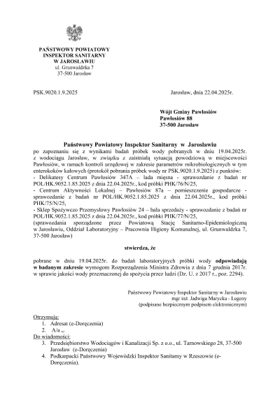 Informacja o przydatności wody do spożycia