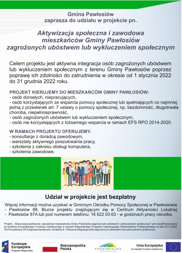 Ogłoszenie o wydłużeniu naboru do projektu Aktywizacja społeczna i zawodowa mieszkańców Gminy Pawłosiów zagrożonych ubóstwem lub wykluczeniem społecznym