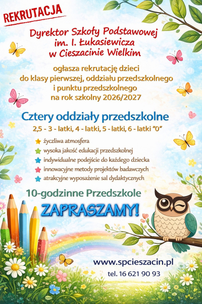 REKRUTACJA NA ROK SZKOLNY 2026/2027 - SP W CIESZACINIE WIELKIM