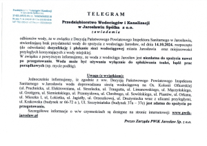 Telegram PWiK Sp z o.o. ws. chlorowania sieci wodociągowej