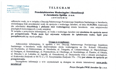 Telegram PWiK Sp z o.o. ws. chlorowania sieci wodociągowej