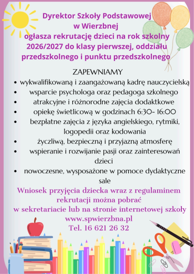 REKRUTACJA NA ROK SZKOLNY 2026/2027 - SP W WIERZBNEJ